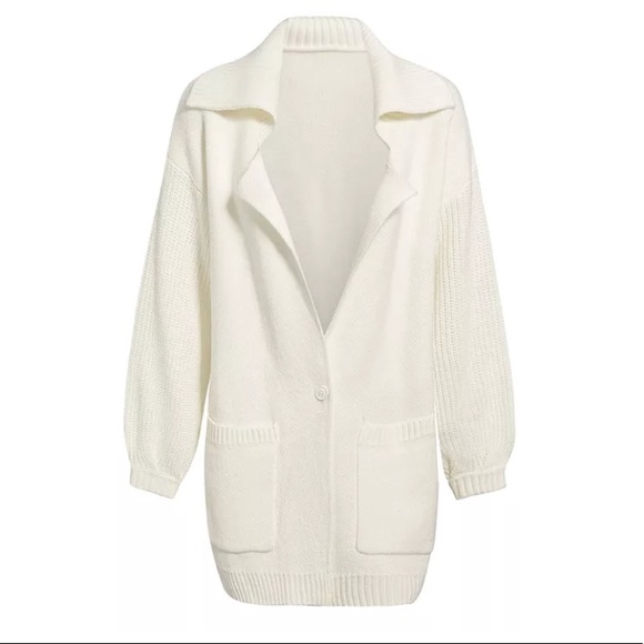 Ivory Ribbed Sleeve Collared Button Up Cardigan - Picture 3 of 6